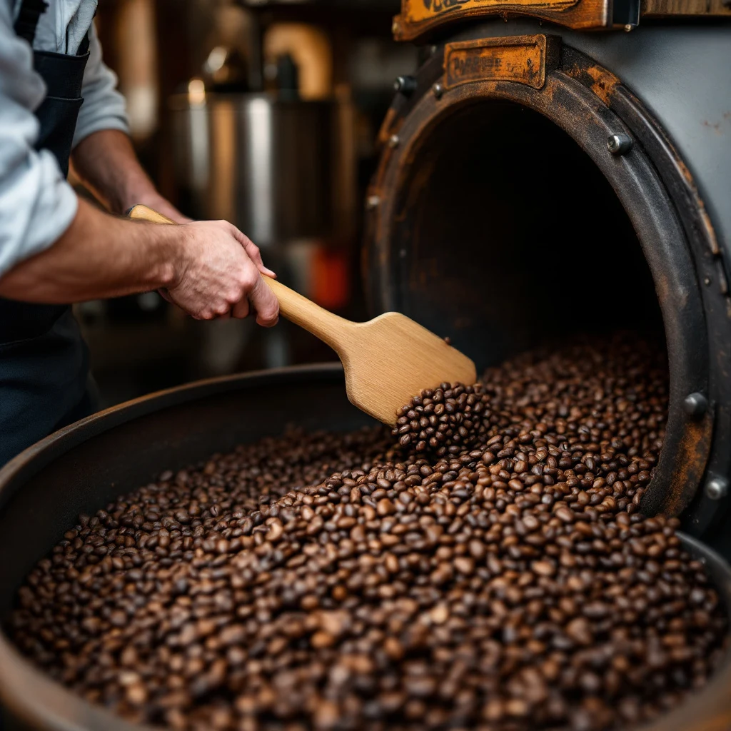 mano che stringe una manciata di caffè verde crudo